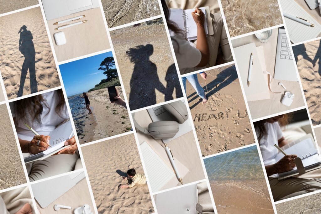 Work Meets Waves. This image is a collage of stock images featuring a variety of moments capturing both work and leisure, with scenes including a person writing in a planner, close-ups of a laptop and notepad, sandy beach landscapes, a shadow of a person holding a camera, handwritten message "HEART U" in the sand, two people holding hands' shadows on the beach, and a person walking along the shoreline. The collection seamlessly blends productivity with relaxation, emphasizing a balance between work and nature. STock images by Eliza Stock Australia