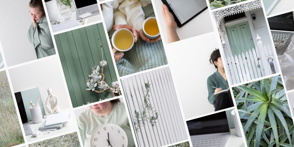 A collage of tranquil Australian stock images with a green and white color scheme, depicting a peaceful home and work environment. It includes a person holding a tablet, another holding a cup of tea, a cozy knitted sweater, a laptop setup, decorative plants, a green door of a classic house, stationery, a modern sculpture, and a woman holding a wall clock. The collection creates a serene mood with an emphasis on comfort, organization, and the balance between work and relaxation.