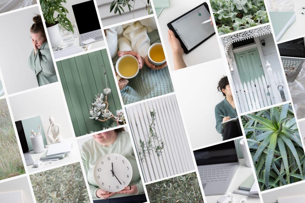 A collage of tranquil Australian stock images with a green and white color scheme, depicting a peaceful home and work environment. It includes a person holding a tablet, another holding a cup of tea, a cozy knitted sweater, a laptop setup, decorative plants, a green door of a classic house, stationery, a modern sculpture, and a woman holding a wall clock. The collection creates a serene mood with an emphasis on comfort, organization, and the balance between work and relaxation.