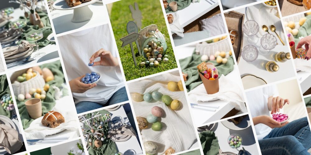 A collage of Eliza stock images aesthetically pleasing Easter-themed images featuring pastel-coloured eggs, elegant outdoor picnic table settings, a person holding a cutie little dish of delicious chocolate easter eggs (the perfect easter treat), various sweet treats like hot cross buns, chocolate easter eggs, grazing cups and a casual, festive atmosphere with a soft, natural colour palette. The scenes evoke a sense of outdoor easter celebration and family gatherings.