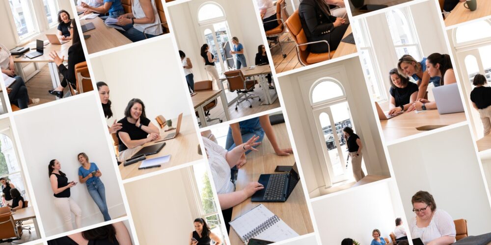 A collage of Australian stock images professional women in various collaborative and individual work scenarios. The images depict meetings with laptops, discussions, a woman writing in a notebook, casual one-on-one conversations, and a solo moment of contemplation looking out a window. The setting appears to be a bright, modern office space with warm lighting, creating a dynamic yet focused work environment.