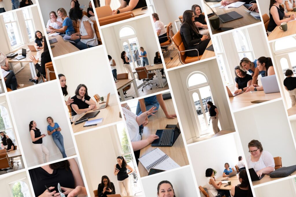 A collage of Australian stock images professional women in various collaborative and individual work scenarios. The images depict meetings with laptops, discussions, a woman writing in a notebook, casual one-on-one conversations, and a solo moment of contemplation looking out a window. The setting appears to be a bright, modern office space with warm lighting, creating a dynamic yet focused work environment.