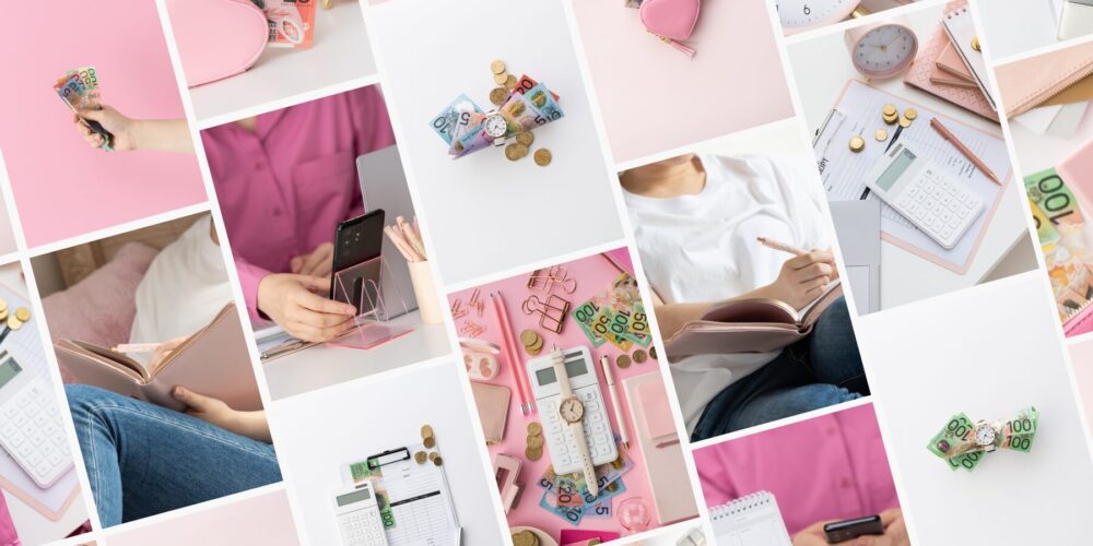 A collage of feminine financial-themed Australian stock imagery, blending soft pastels with elements of time and money. The collection includes clocks, Australian currency, and accessories like wallets and a heart-shaped purse, all set against a mix of white and pink backgrounds. This visually harmonious set evokes a sense of financial awareness and time management, tailored for female entrepreneurs. Here is a example caption for your reference: All new WFH (Work From Home) collection is in the gallery now. Dive into 'Time is Money', our latest Eliza Stock collection. Empower your brand with visuals that celebrate financial wisdom and time management. Join now to access exclusive content.