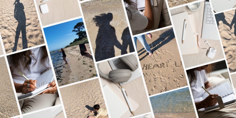 This image is a collage of stock images featuring a variety of moments capturing both work and leisure, with scenes including a person writing in a planner, close-ups of a laptop and notepad, sandy beach landscapes, a shadow of a person holding a camera, handwritten message "HEART U" in the sand, two people holding hands' shadows on the beach, and a person walking along the shoreline. The collection seamlessly blends productivity with relaxation, emphasizing a balance between work and nature. STock images by Eliza Stock Australia