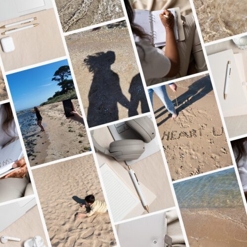 This image is a collage of stock images featuring a variety of moments capturing both work and leisure, with scenes including a person writing in a planner, close-ups of a laptop and notepad, sandy beach landscapes, a shadow of a person holding a camera, handwritten message "HEART U" in the sand, two people holding hands' shadows on the beach, and a person walking along the shoreline. The collection seamlessly blends productivity with relaxation, emphasizing a balance between work and nature. STock images by Eliza Stock Australia